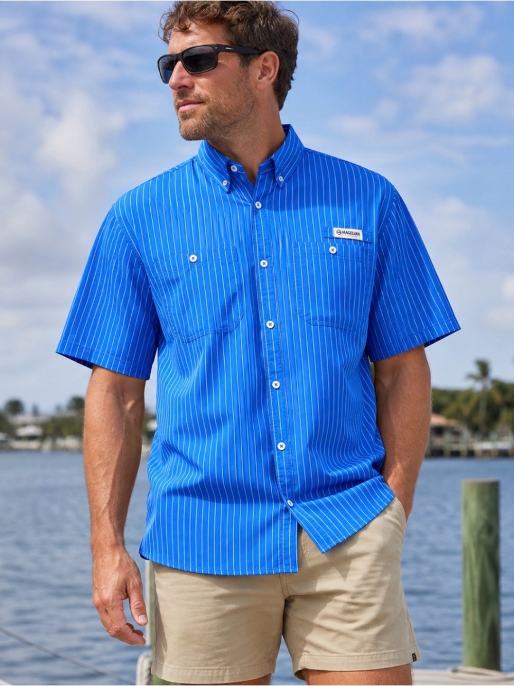 Magellan Outdoor Fishing Gear Blue Striped Button Front Shirt Men's L Loose Fit